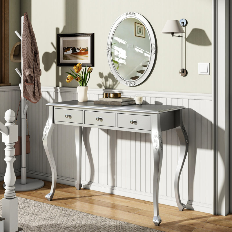 Hemphill Elegant Luxury Silver Makeup Vanity With Classic Oval Mirror And 3 Drawers For Jewelry Storage, , High - Quality Metal Rails, Construction, Ideal Living Room, Bedroom, Hallway Stylish Dressing Table