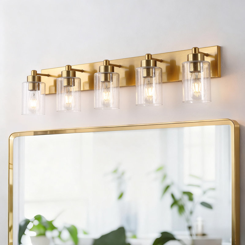 Stover Seeded Glass/Iron Modern Contemporary LED Vanity Light, 5 Lights, Brass Gold