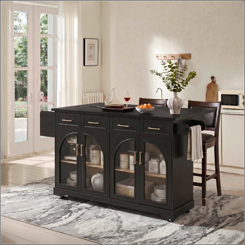 Îlot de cuisine 65 po avec porte en verre arquée, abattant, rangement et prise de courant, Noir