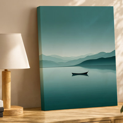 Toile «Un paysage minimaliste serein avec un plan d'eau tranquille reflétant de douces nuances de vert et de bleu dans la toile
