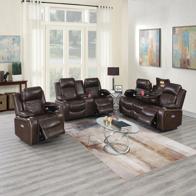 Contemporary Style 3pc Living Room Set 1x Sofa 1x Loveseat 1x Recliner Pillow Arms Adjustable Headrest Cup Holder Underarm Storage Brown Finish Primary Living Room Furniture