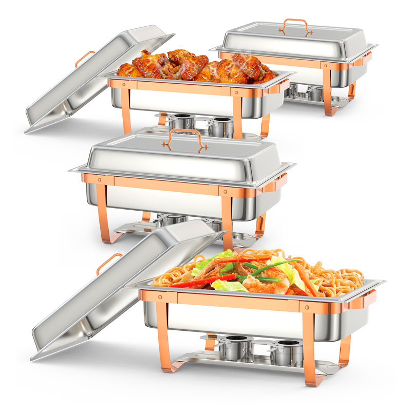 Ensemble de buffet chafing dish en acier inoxydable 9 L, 2 chauffe-plats 8 QT avec cadre pliable, idéal pour les mariages, fêtes, buffets et événements – Or rose