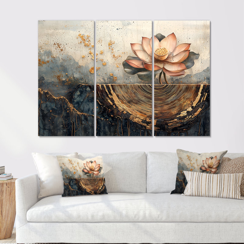 Fleurs de lotus, racines du lac - décoration murale Lotus - 3 pièces, H 28 po x l 36 po, Toile tendue, Ne s’applique pas