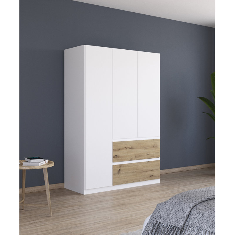 Wardrobe wardrobe COSTA hinged door wardrobe with push-to-open function, White/Oak Artisan, 197cm H x 136cm W x 54cm D