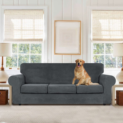 4 housses de canapé en velours extensibles pour 3 housses de canapé à 3 coussins, protecteur de meubles lavables avec fond élastique antidérapant, tissu moelleux doux et épais, gris foncé, grand