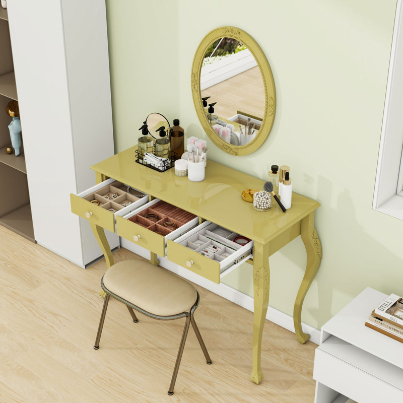 Meuble-lavabo 3 tiroirs avec miroir ovale, Doré