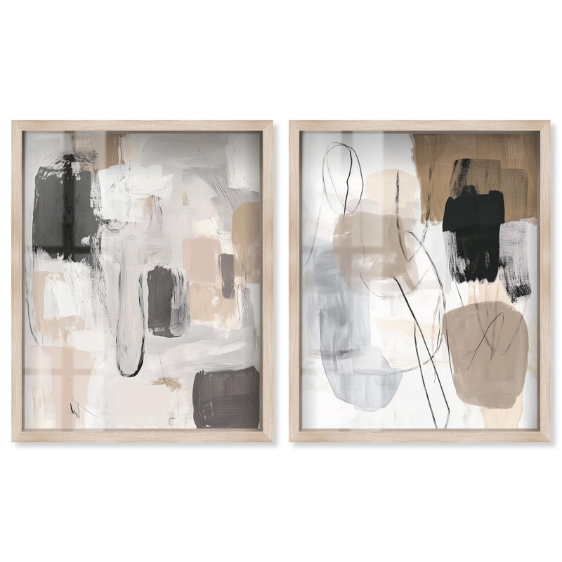 «Neutral Harmony», ensemble de 2 décorations murales Shadowbox abstraites par Art Remedy, cadre blond, 21 x 25, Cadre blond