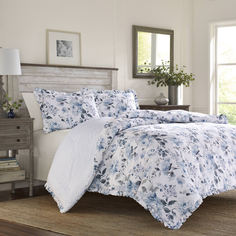 Chloe Blue Floral Cotton Twin Duvet Cover Set with Ruffled Edges