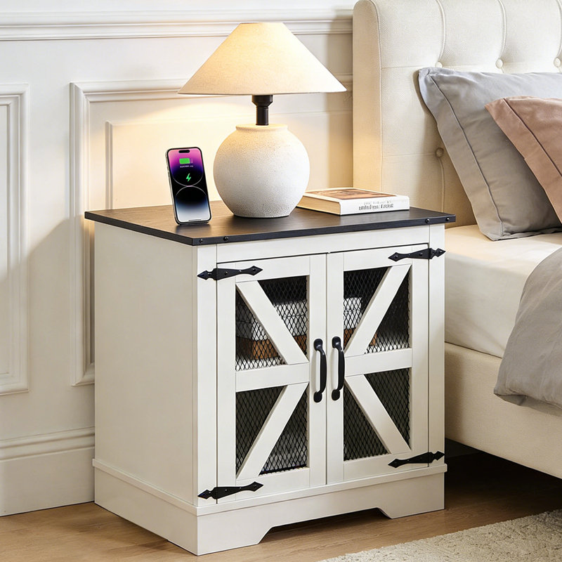 Farmhouse End Table with Charging Station - Nightstand with 2 Outlets & 2 USB Ports - Vintage Industrial Side Table, Black