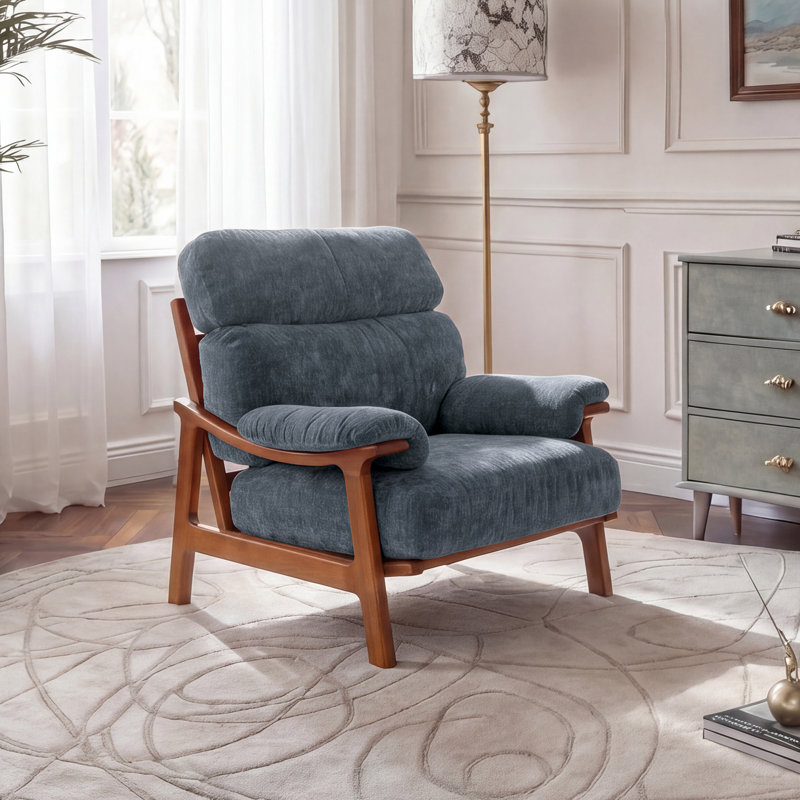 Chaise d'appoint Mid-Century avec structure en bois massif et coussins amovibles, Bleu