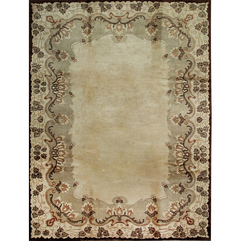 9x12 Ivory Hand-Knotted Wool Floral Border Solid Open Field Modern Contemporary Carpet Rug