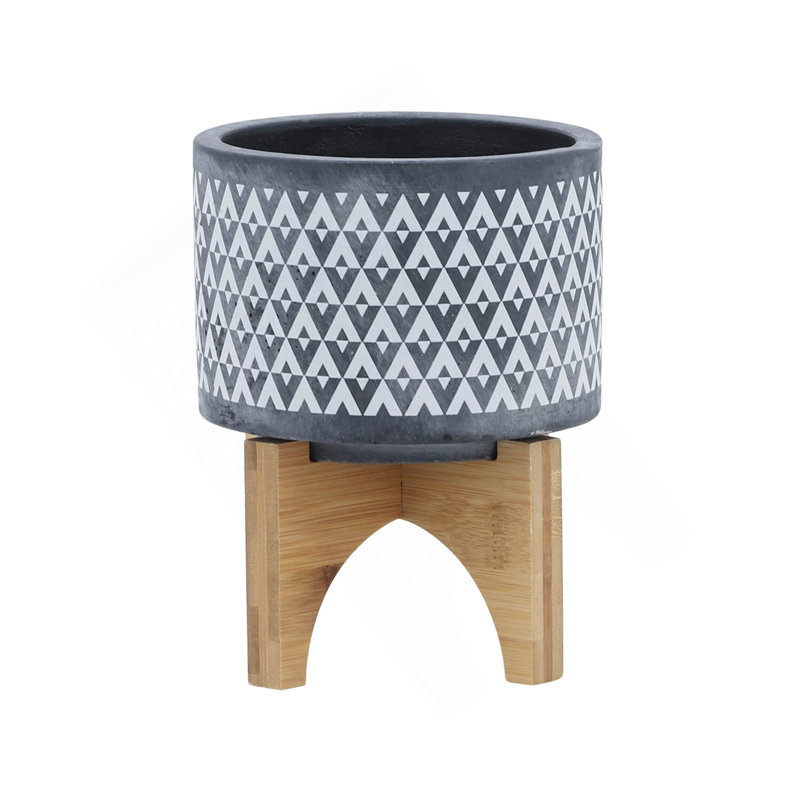 CERAMIC 5" AZTEC PLANTER ON WOODEN STAND, GRAY, 6" H x 5" W x 5" D, Natural