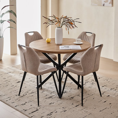 Ensemble table et chaises rondes de 99 cm (39 po) pour 4 personnes, style moderne du milieu du siècle, brun, avec 4 chaises kaki rembourrées, idéal pour les appartements et les petits espaces.