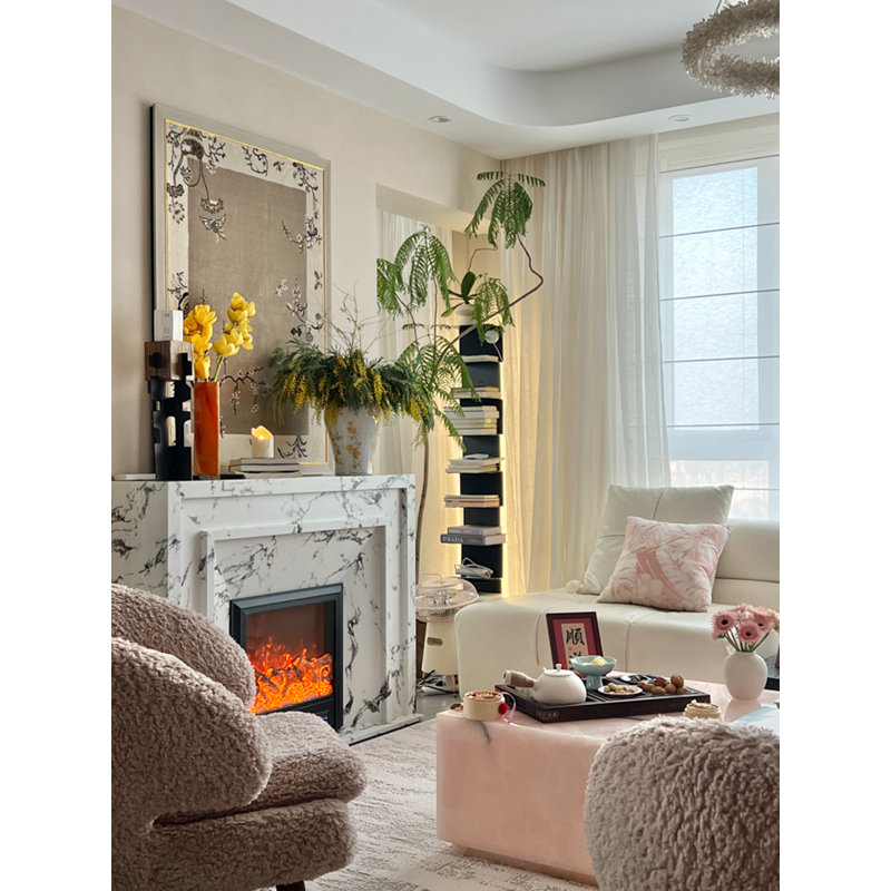 Bulgari-patterned smoky marble simulated fire smart fireplace