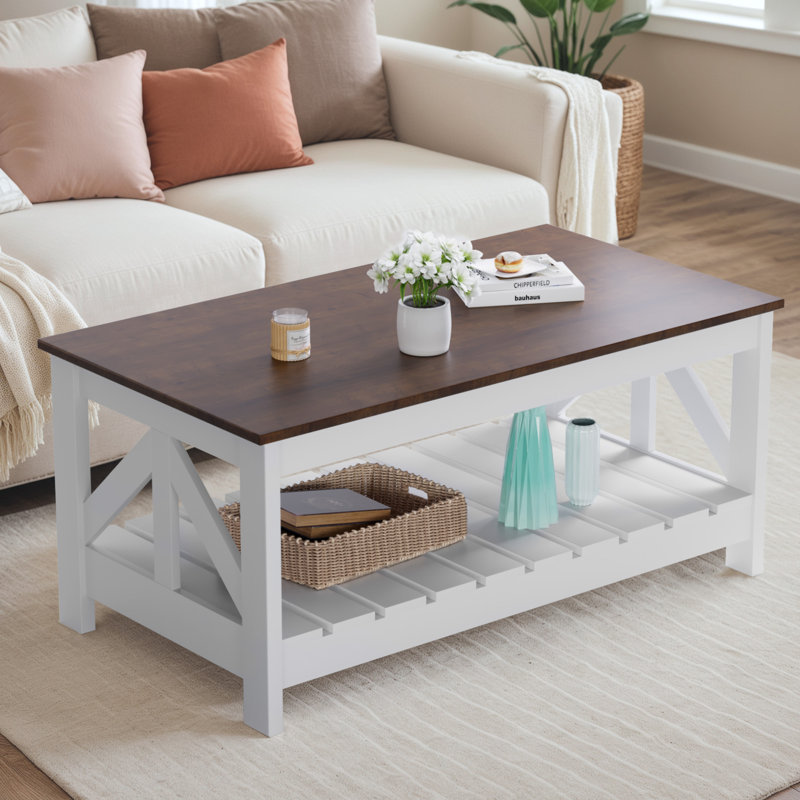 Table basse 39 po rectangulaire avec rangement, Blanc, Brun