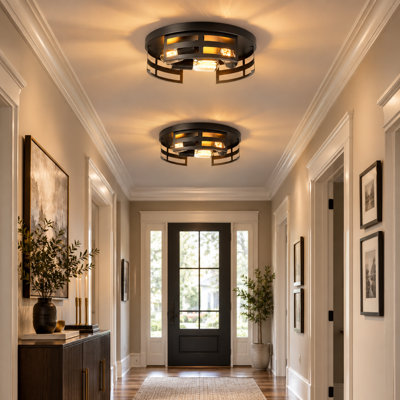 Plafonnier encastré 3 lumières Farmhouse, ensemble de 2 luminaires en cage en métal noir pour le salon, le vestibule