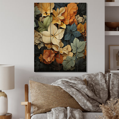 Leaves Autumn Palette Muted V - Floral & Botanical Print on Natural Pine Wood