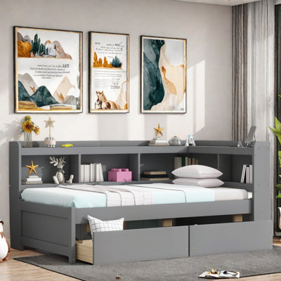 L-shaped Daybed With Bookcases, Charging Station And Two Drawers by Red Barrel Studio