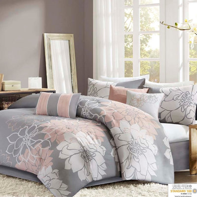 Édredon très grand avec imprimé gris / pêche - jupe de lit et coussins décoratifs en coton brodé