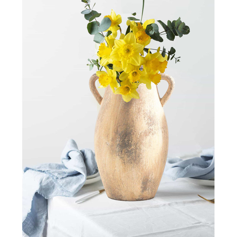 Farmhouse Flower Vase With 2 Handles,Decorative Ceramic Flower Vase For Home Decor, Beige