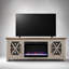 Meuble télé moderne avec foyer électrique intégré et grand espace de rangement avec porte vitrée pour grands téléviseurs.