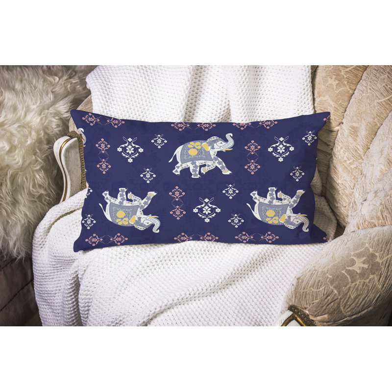 MughalElephant  Rectangular Throw Pillow, Blue/White