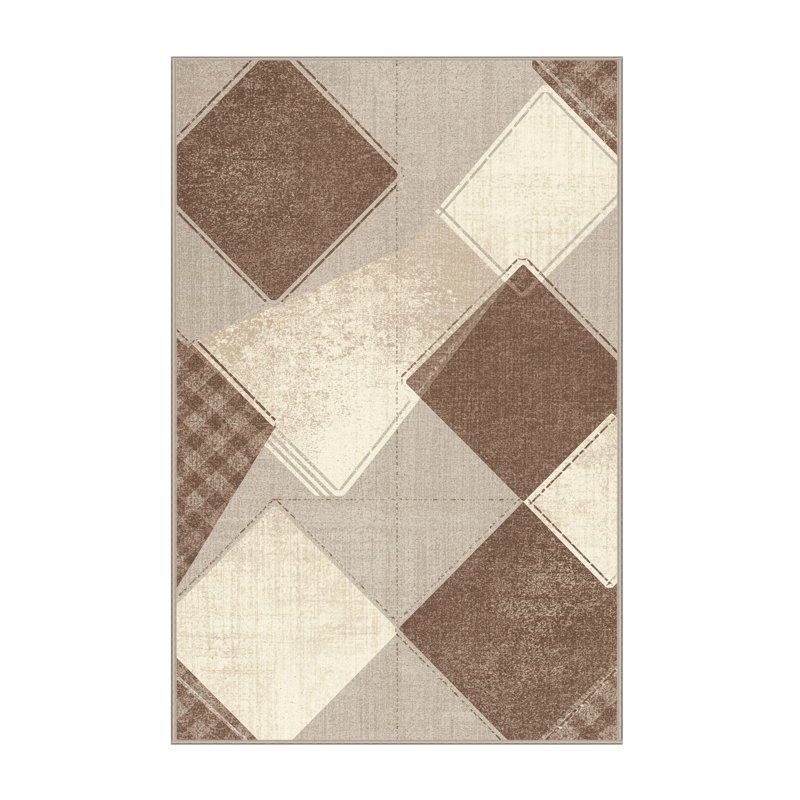 Machine Washable Bemott Preppy Checkered Rug in Brown – Beige Binding, 7x10