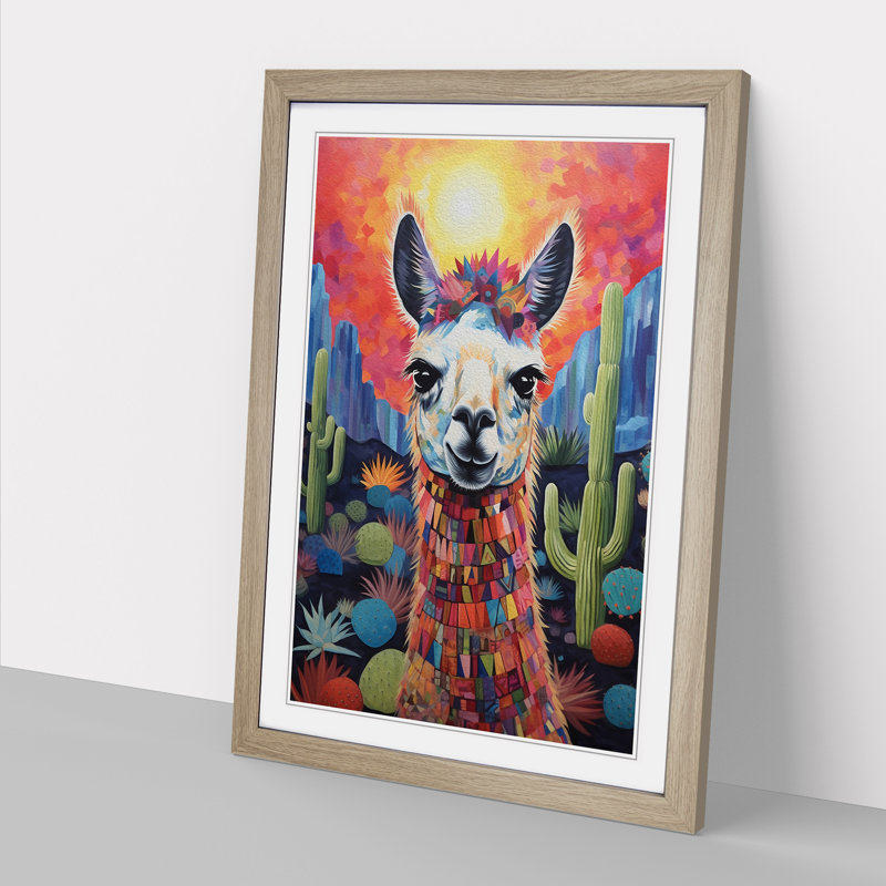 XYZ-FRM-V1223-4306 Llama Symbolism - Single Picture Frame Print on Wood, 34cm H x 25cm W x 2cm D, Oak