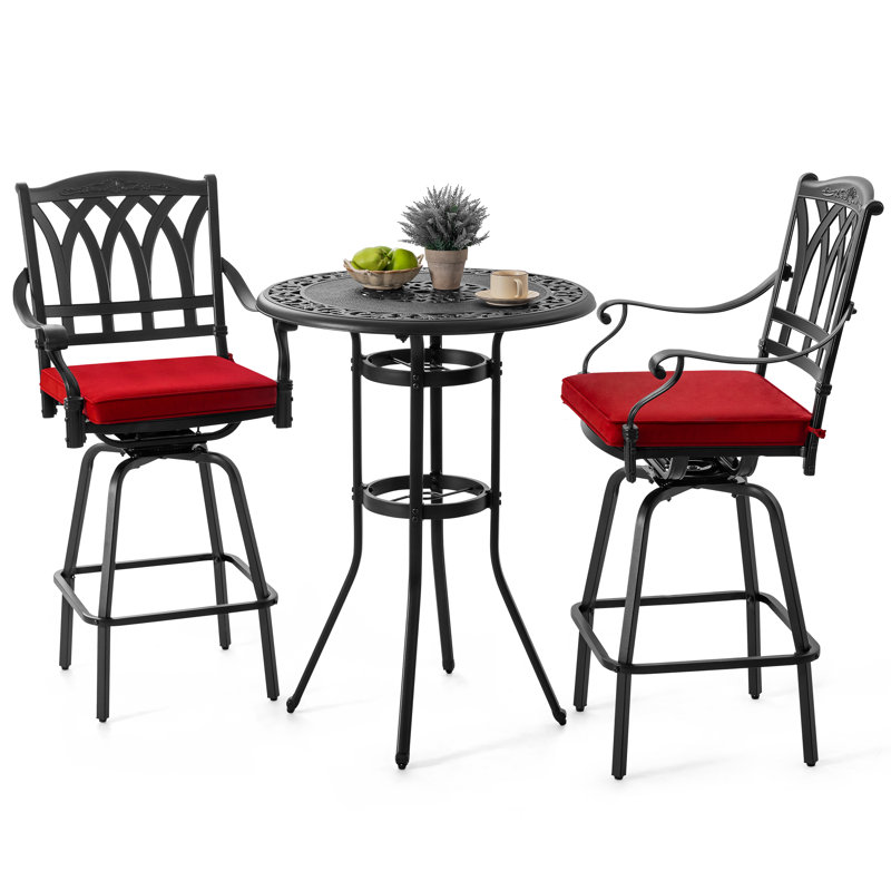 Ensemble de 3 barres pivotantes en aluminium coulé avec trou pour parasol et coussins en oléfine
