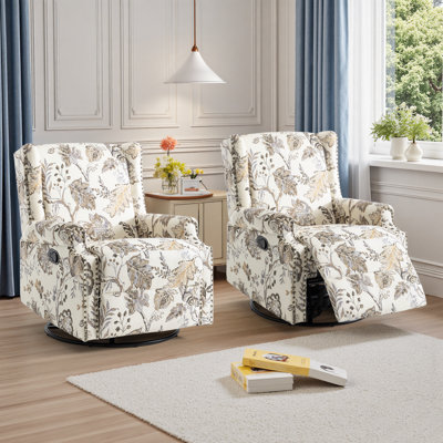 Upholstered Classic Wing Back Manual Handle Swivel Rock Glider Recliner with Naihead Trims