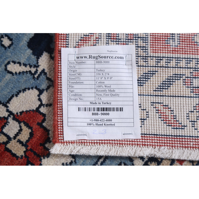 Tapis beige / ivoire / bleu en laine noué à la main de conception unique 9 pi x 11 pi 9 po