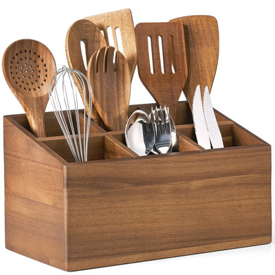 Porte-ustensiles, grand organisateur d'ustensiles de cuisine à 6 compartiments, comptoir pour ustensiles en bois d'acacia, rangement peu encombrant pour les ustensiles de cuisine et les couverts, séparateurs amovibles, 3 modes de rangement (brun)
