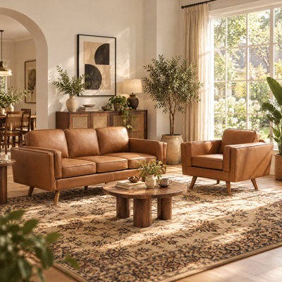 Mid-Century Modern 2-Piece Living Room Sofa Set, Includes  3-Seater Couch & Armchair, Tapered Wood Legs