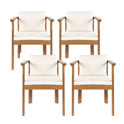 Outdoor Dining Chair Set of 4 with Curved Acacia Wood Arms, Cream Cushions