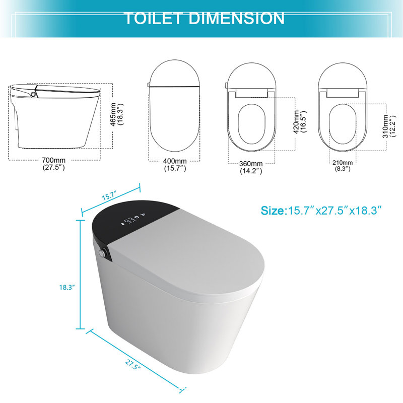 Toilette intelligente avec bidet intégré, ouverture et fermeture automatiques, siège chauffant allongé, capteur de pied encastré, affichage DEL, lavage à l'eau chaude, sécheuse, veilleuse