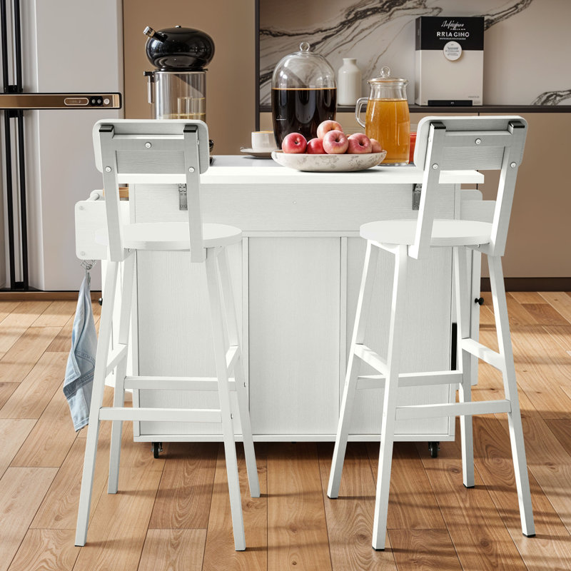  Kitchen Island With 2 Chairs, Foldable Tabletop On Wheels, Large Storage Cabinet & Drawers