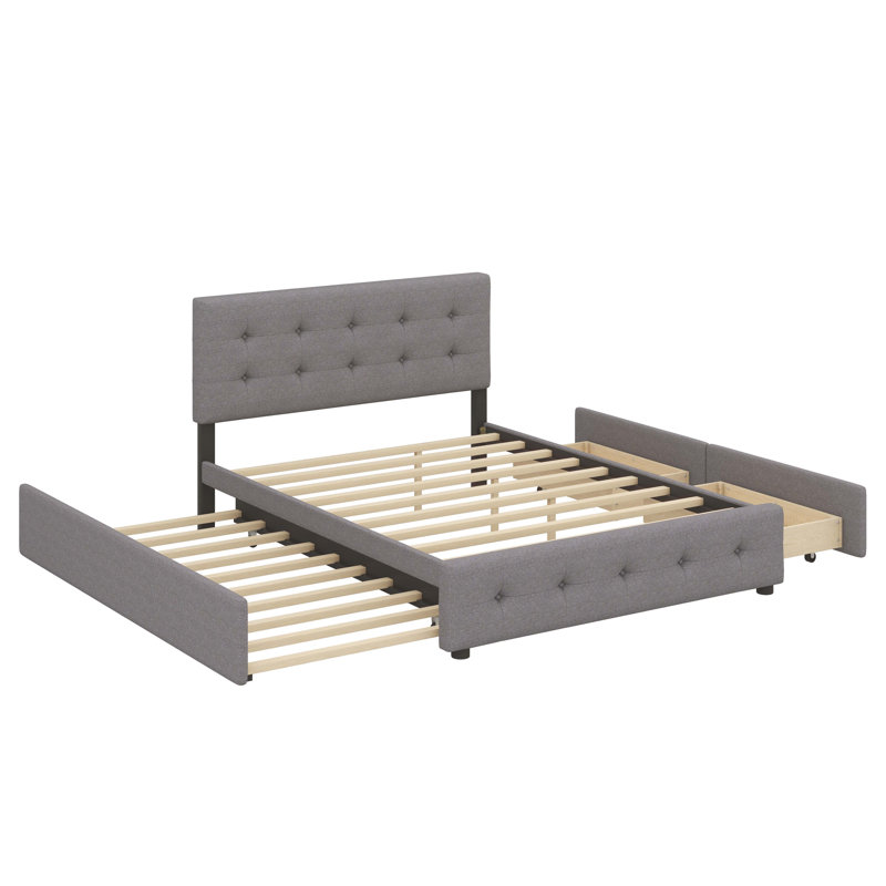 Grand lit plateforme tapissier avec deux tiroirs et un lit gigogne coulissant, Gris clair