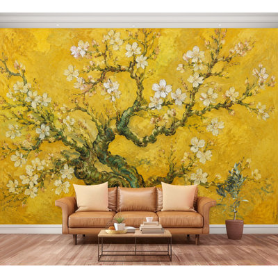Papier peint adhésif à peler et coller doré, branches de cerisier blanc, style artistique, papier autocollant amovible, décoration murale pour salon, chambre à coucher H 100 po x l 144 po