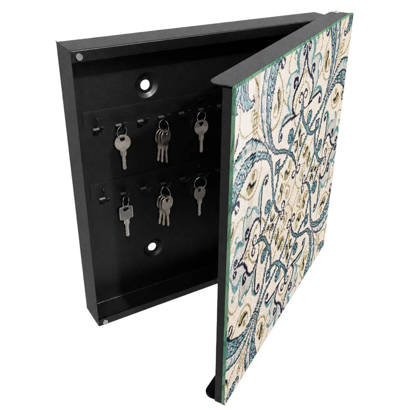 Key storage box, Opens to the right, 30x30x5, Black, Symmetrical pattern in turquoise and beige, 