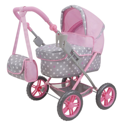 509 Crew: Cotton Candy Pink: Amanda Doll Pram - Pink, Grey, Polka Dot - W/ Matching Handbag, Foldable, Removable Bassinet, Kids Pretend Play, Ages 3+