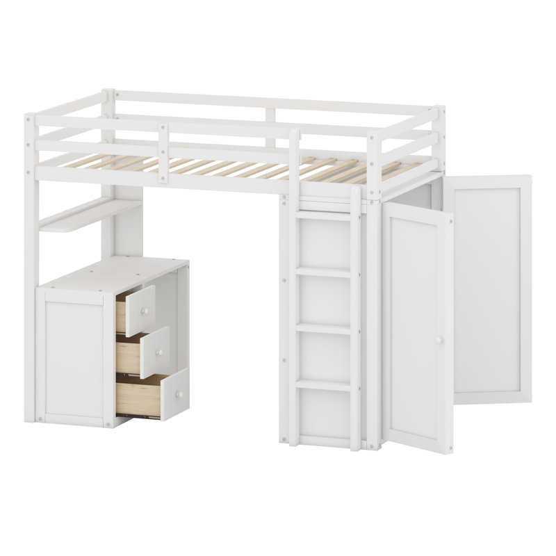 Lit mezzanine peu encombrant avec tiroirs, bureau et garde-robe, Blanc