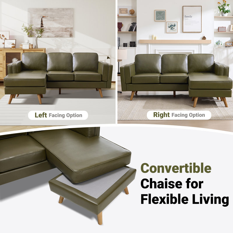 84'' Upholstered Reversible Sectional Sofa with Chaise, Movable Ottoman, Solid Wood Legs and Frame, Green Faux Leather