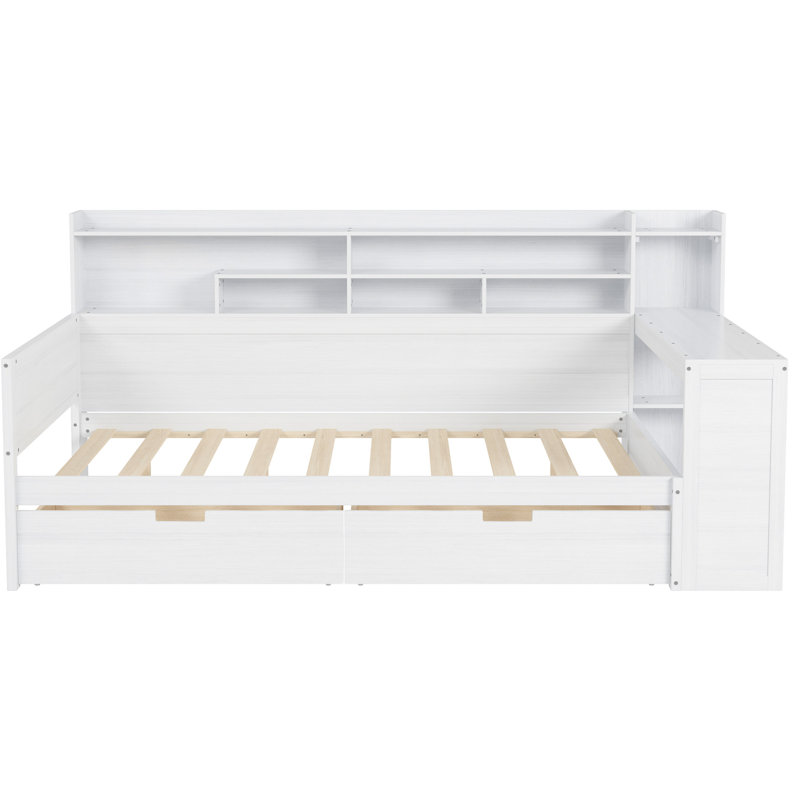 Antique White Daybed With Bottom Storage Shelf And Functional Work Desk Wooden Ample Space Desk,, Antique White