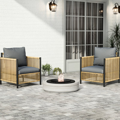 Modern 6 Patio With Grey Cushions - Handwoven Pe , Metal Frame For Outdoor Use In Brown Minimlist Design, Plate Seat Support