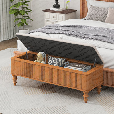 Banc de rangement avec repose-pieds en bois d'hévéa massif de 50,8 pouces avec siège en lin, banc de rangement pour chambre à coucher, range-chaussures pour chambre à coucher, salon, vestibule, placard, naturel