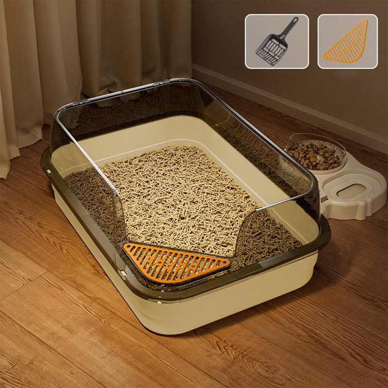 Litière semi-fermée pour chat avec côtés hauts et pelle, 17,7 x 11,8 x 6,6 pouces, jaune, Jaune