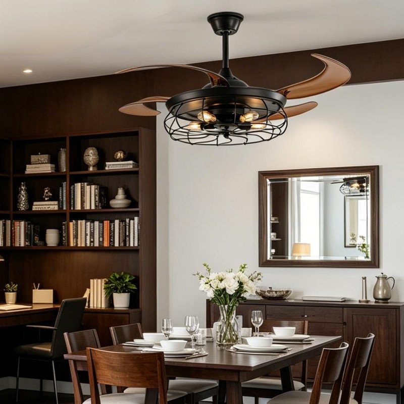 Ventilateur de plafond industriel rétractable de 48 pouces avec lumière, pales en fer noir et en ABS, ventilateur à télécommande à 6 vitesses réversible à courant continu pour le bureau de la salle à manger de la chambre à coucher, ampoules E26 non incluses