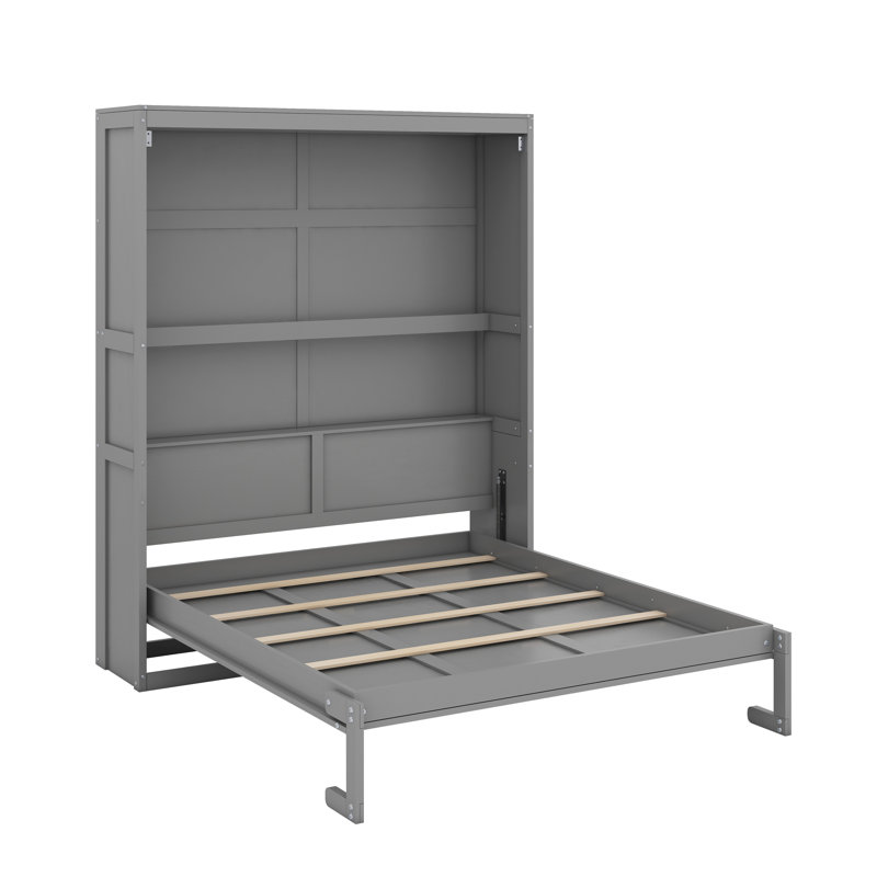 Grand lit escamotable avec tablettes, gris