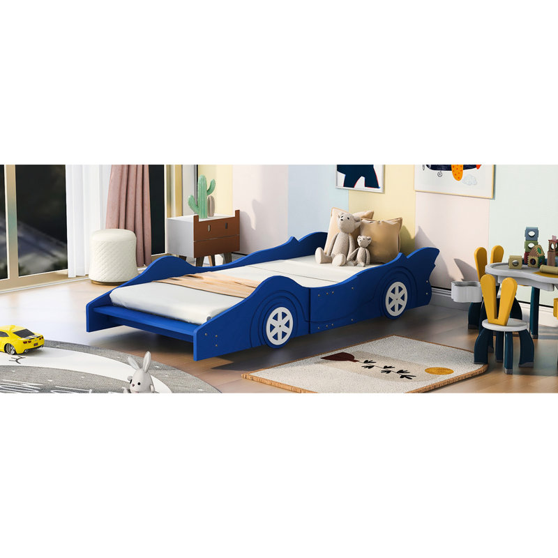 Lit simple bleu en forme de voiture de course avec roulettes fonctionnelles de maintien - offre une plateforme de matelas confortable et confortable
