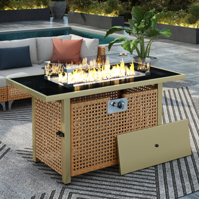 Table de foyer d'extérieur au propane 60000 avec pare-vent en verre, tissage rectangulaire ouvert de 43 po pour la cour arrière - orange et jaune moutarde, table 2 en 1, propane, garde extérieure